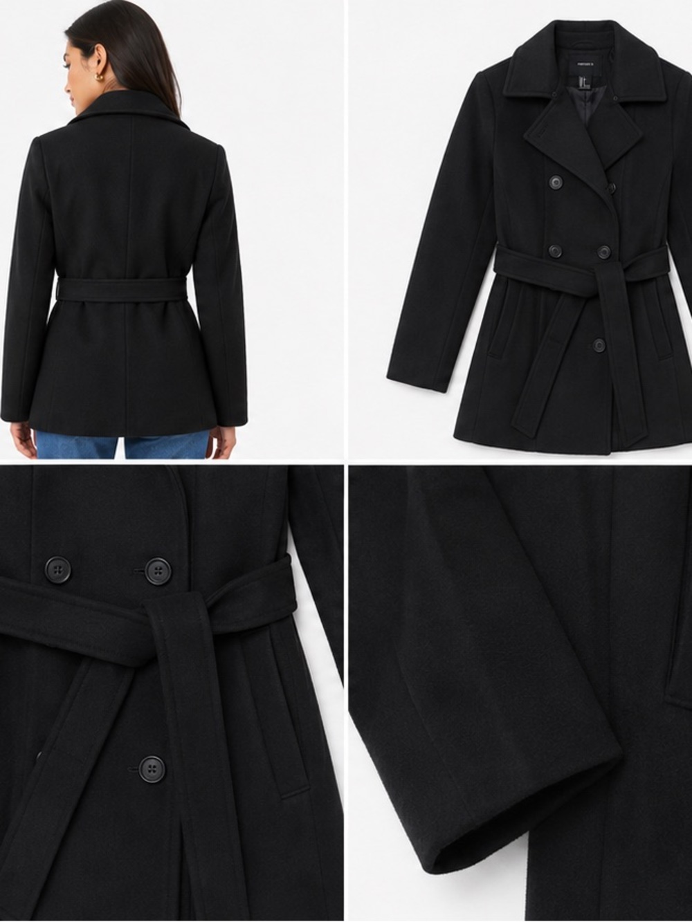 Forever 21 Black Double-Breasted Belted Peacoat